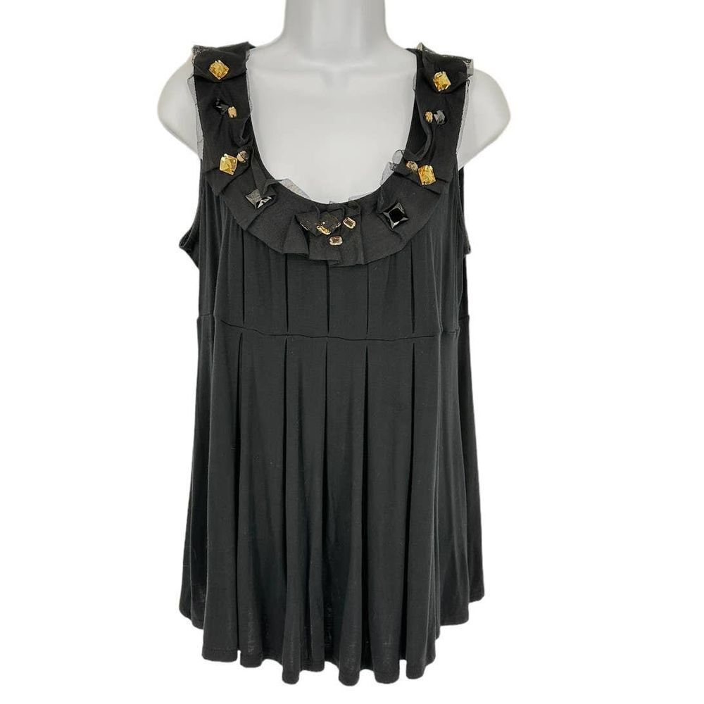 Kristin Davis‎ Women's SZ M Black Sleeveless Pleated Top Stones Embellished